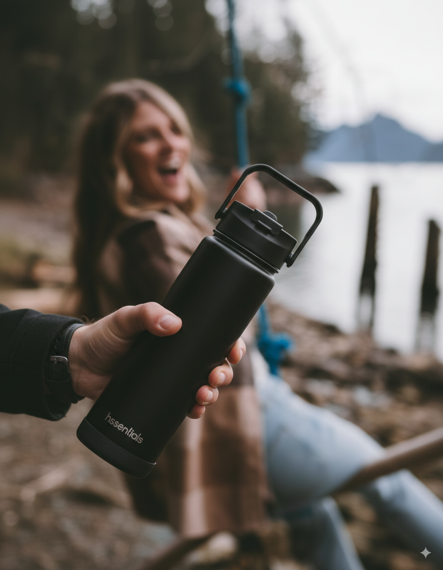 Hssentials insulated water bottle with dual lid for gym and office use holding bottle pcinic camping office 