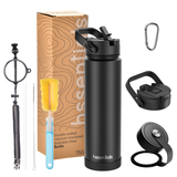 Hssentials 750ml insulated water bottle with included accessories - dual lid, easy twist lid, carabiner, cleaning brush, straw and paracord handle