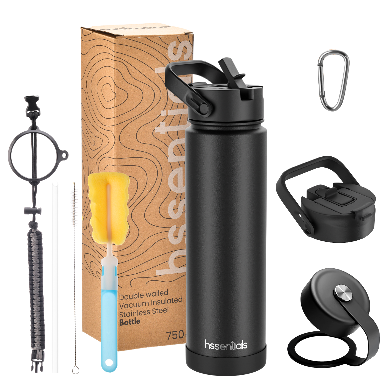 Hssentials 750ml insulated water bottle with included accessories - dual lid, easy twist lid, carabiner, cleaning brush, straw and paracord handle