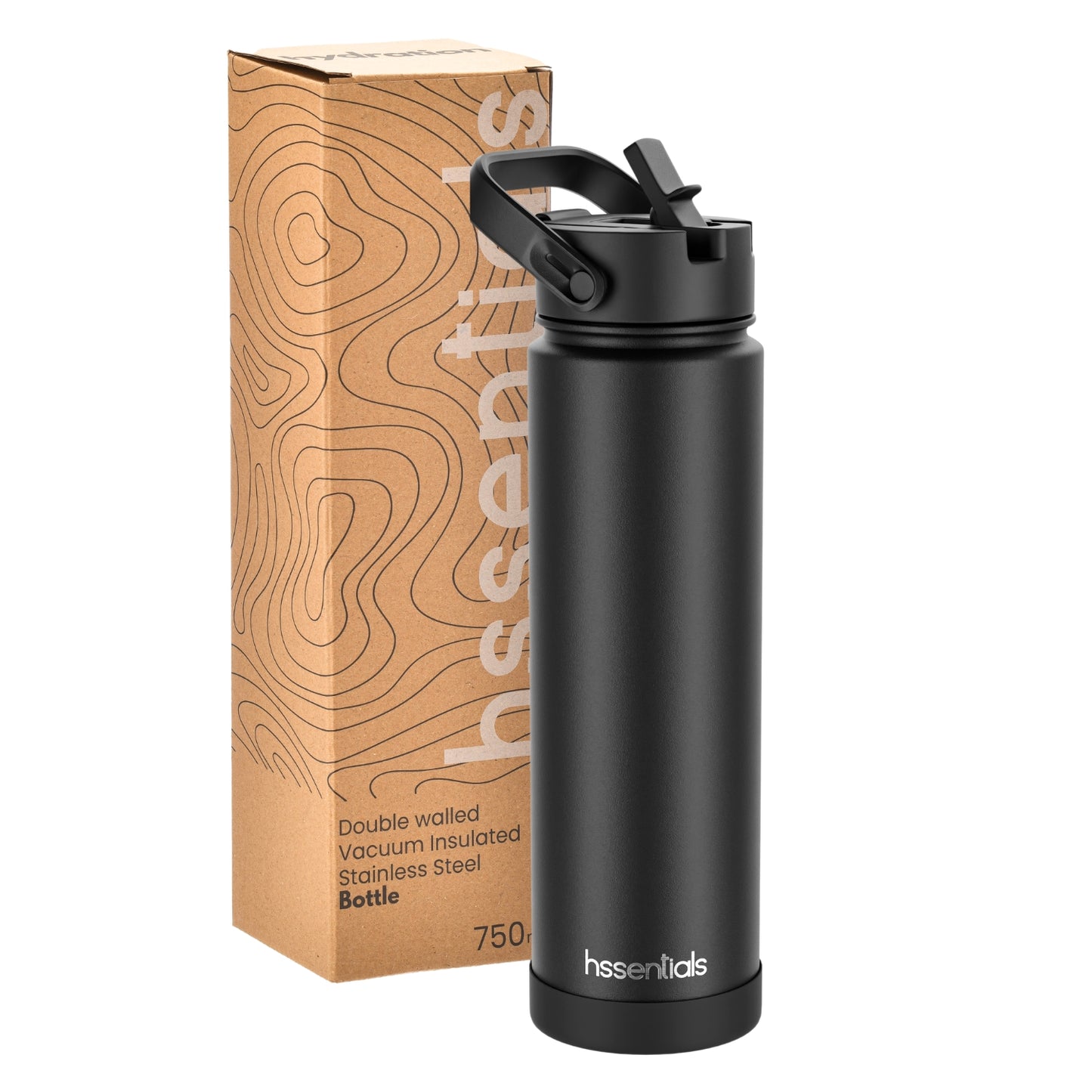 Hssentials 750ml matte black insulated stainless steel water bottle with dual lid, shown with its packaging box